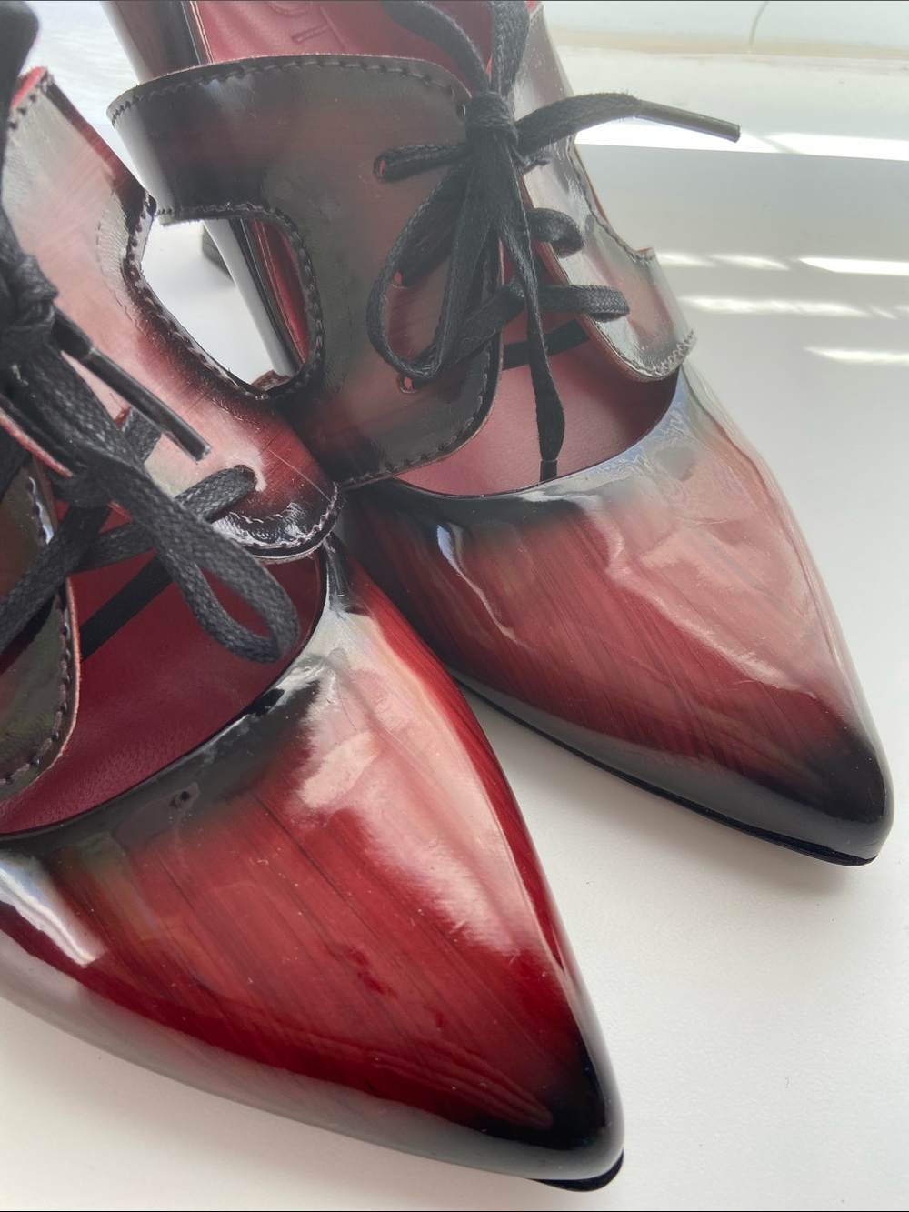 New Girotti Burgundy Black Pointed Toe Lace Up Pumps Oxford Heels EU 37 - Picture 7 of 13